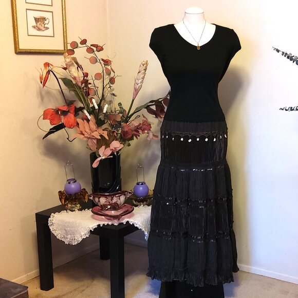NWT Unique Designed Dark Brown Tiered Pleated Maxi Lined Skirt Lightweight - Picture 6 of 8